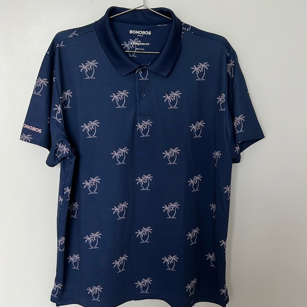 Bonobos Navy Golf shirt with palm tree pattern